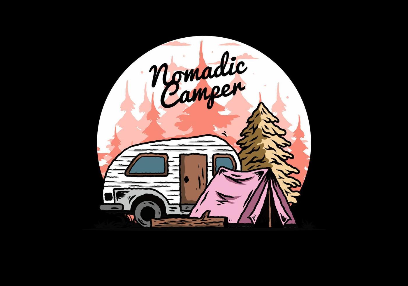 Teardrop camper and tent in front of pine tree illustration vector