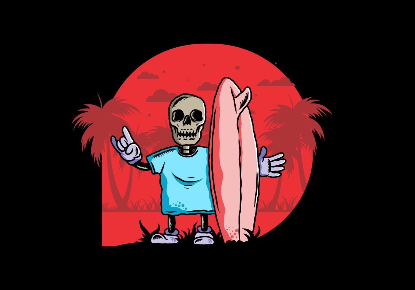 Little skull holding a surfing board illustration design vector