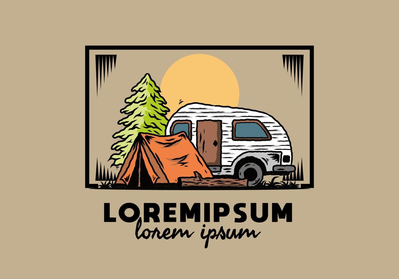 Teardrop camper and tent in front of pine tree illustration vector