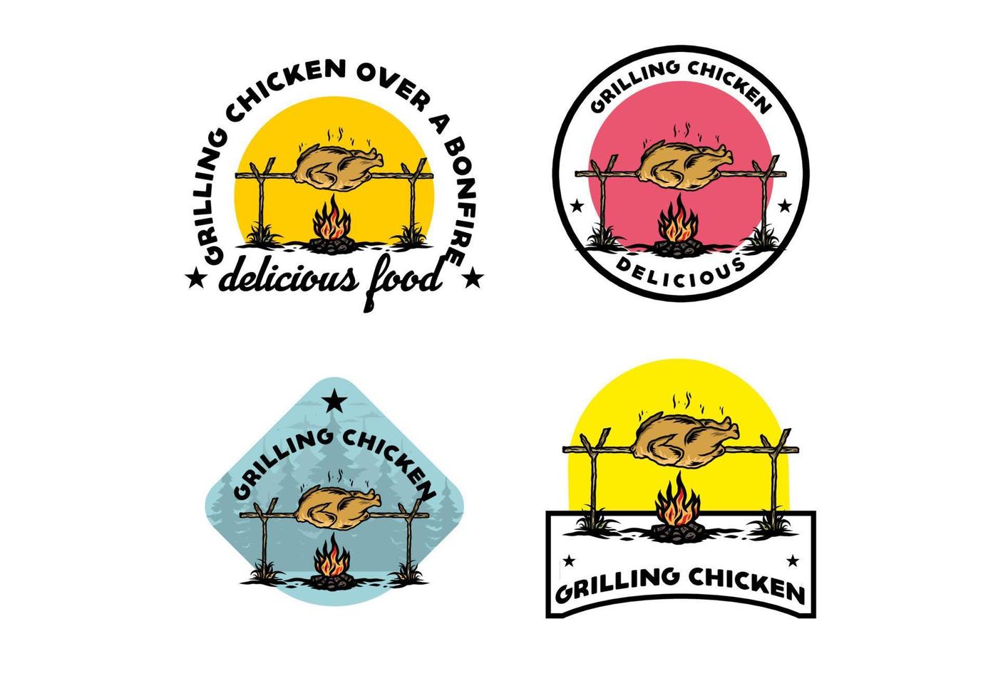 Grilling chicken over bonfire illustration design vector