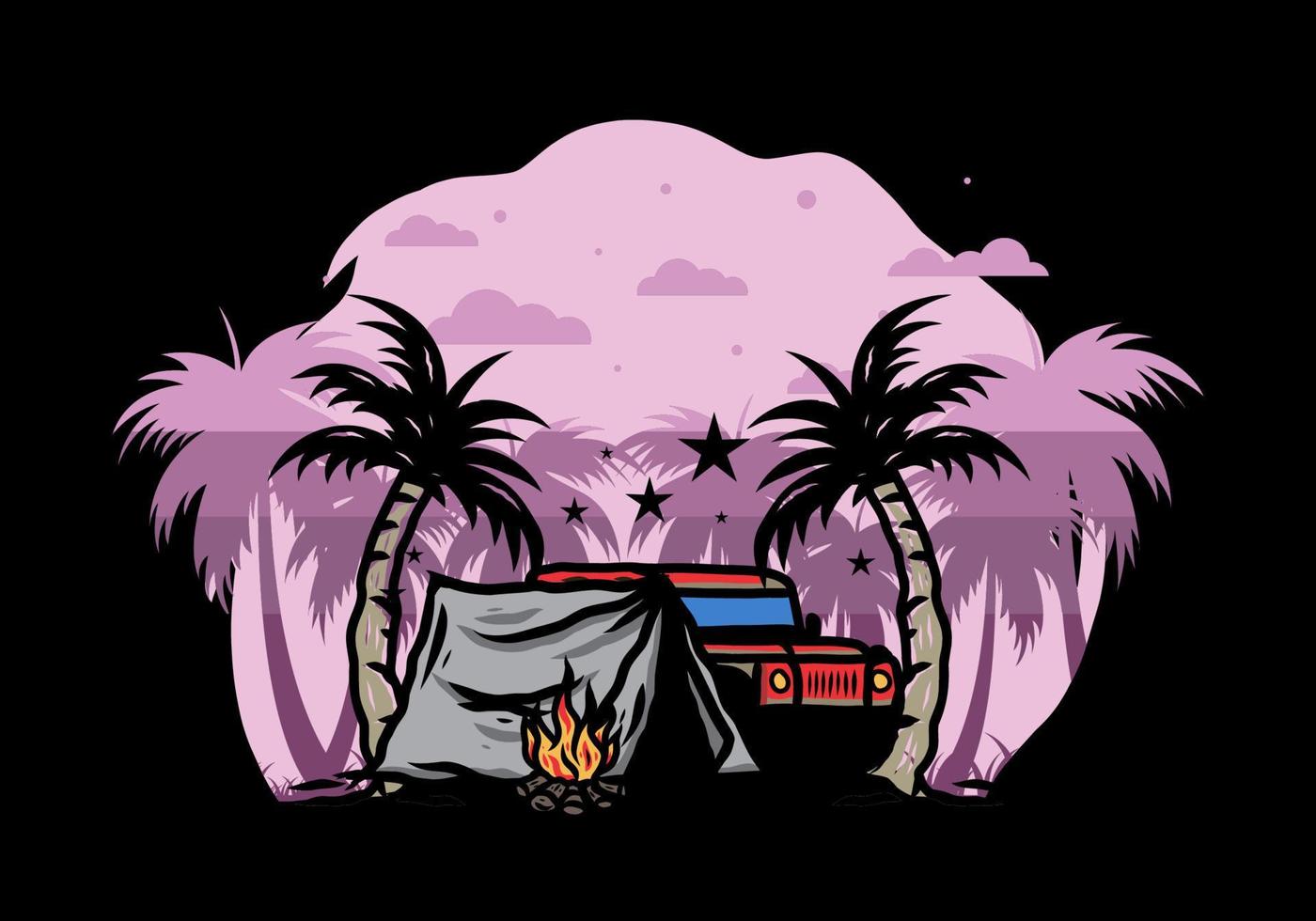 Camping tent in front of car between coconut tree illustration vector