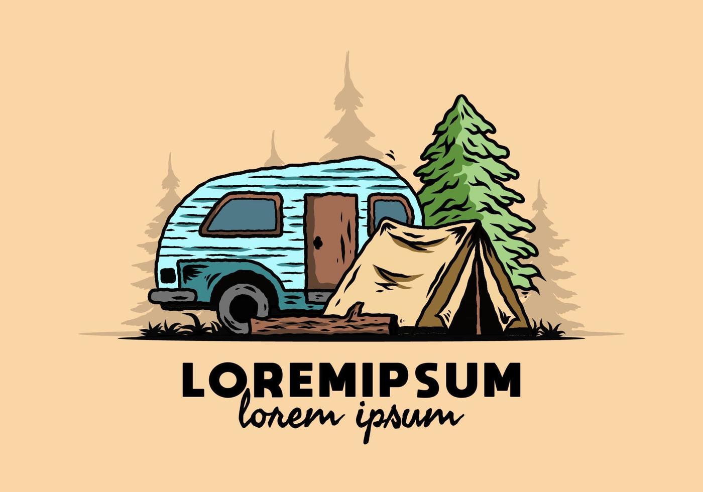 Teardrop camper and tent in front of pine tree illustration vector