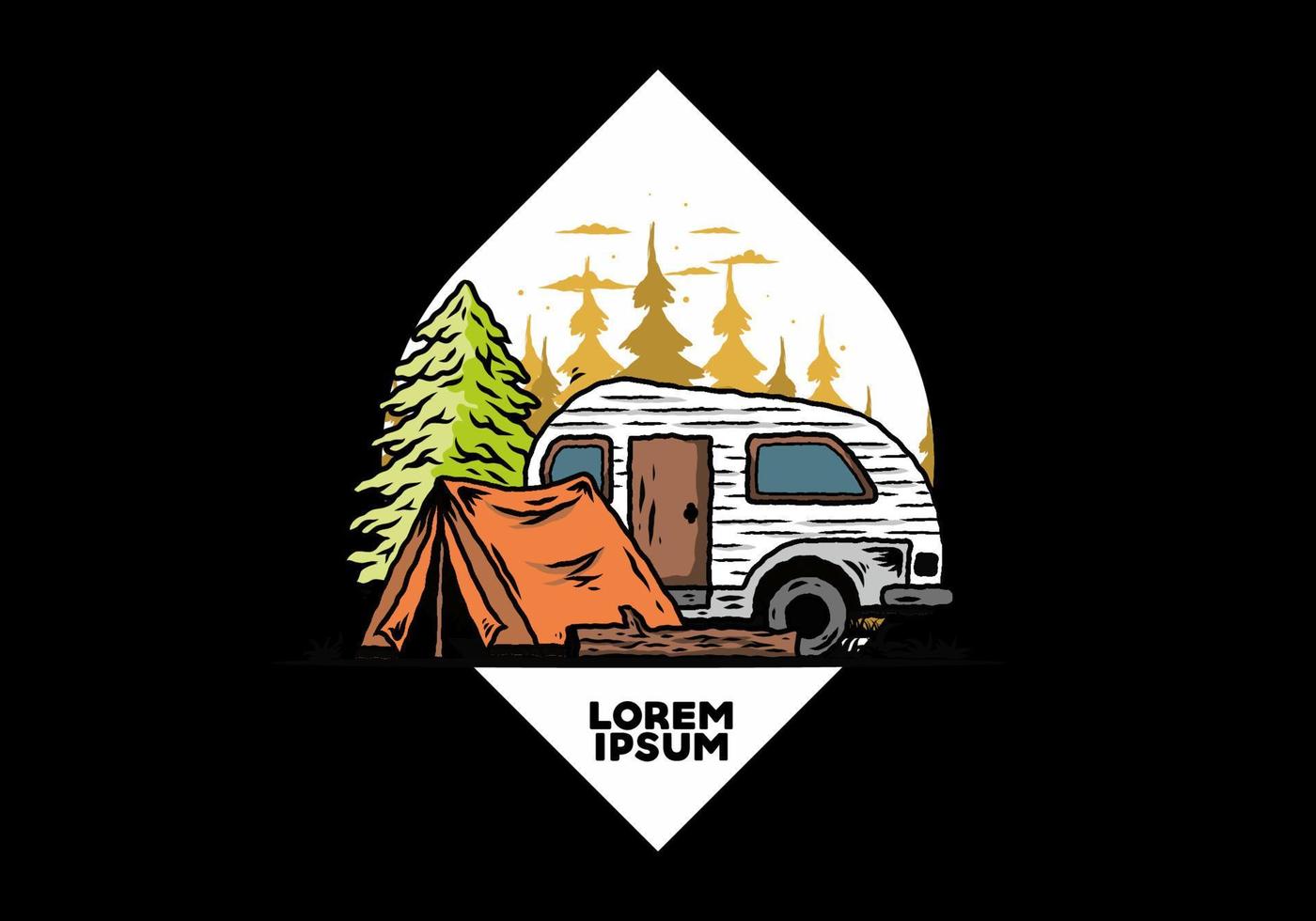 Teardrop camper and tent in front of pine tree illustration vector