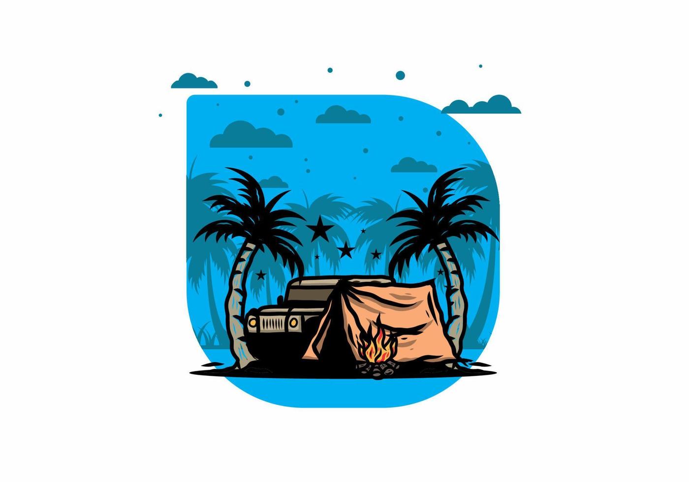 Camping tent in front of car between coconut tree illustration vector