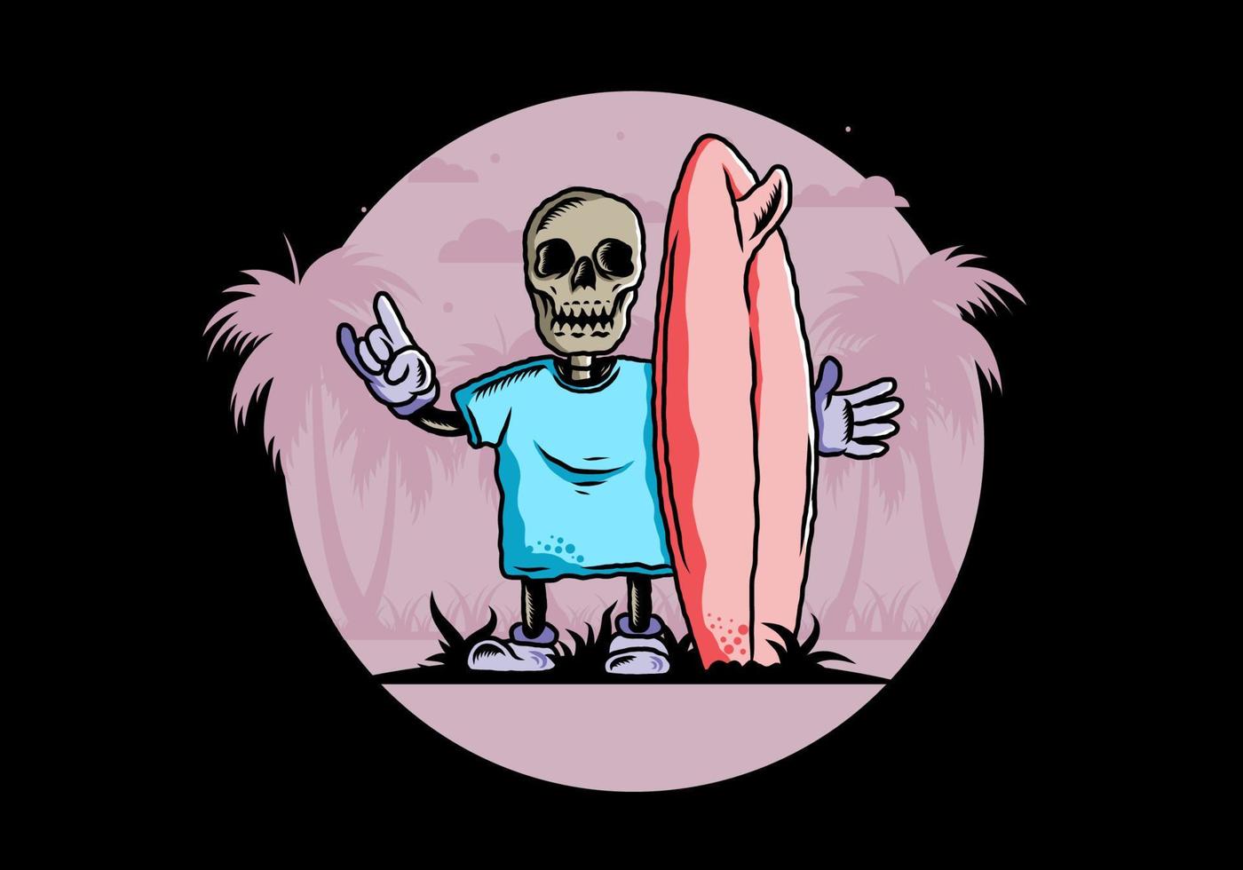 Little skull holding a surfing board illustration design vector