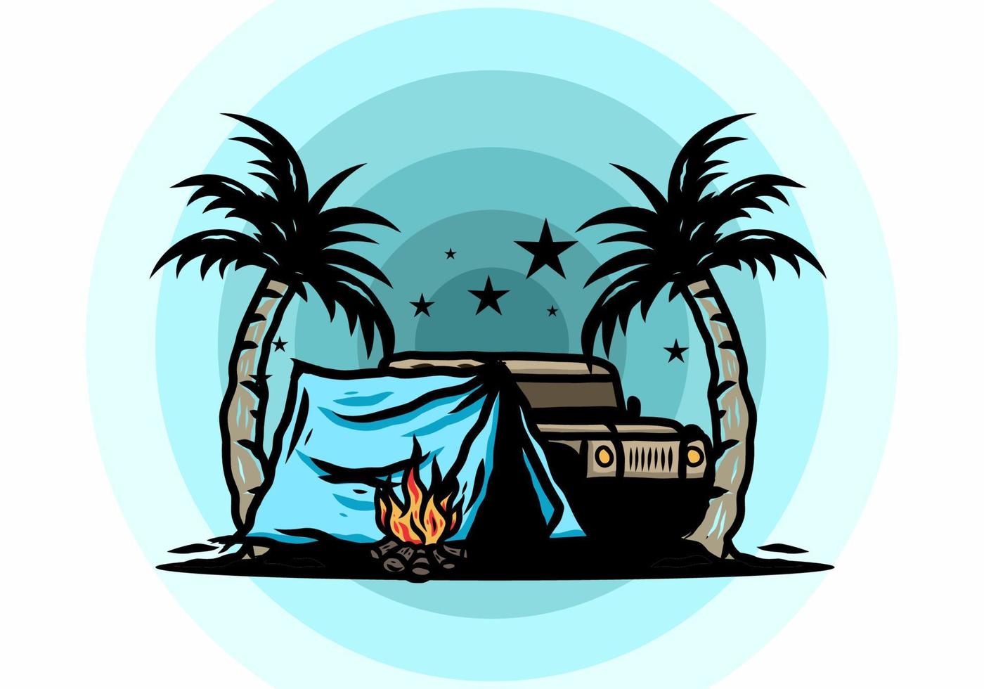 Camping tent in front of car between coconut tree illustration vector