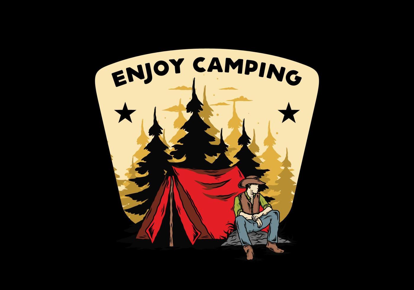 Man wearing a cowboy hat sitting in front of the tent illustration vector