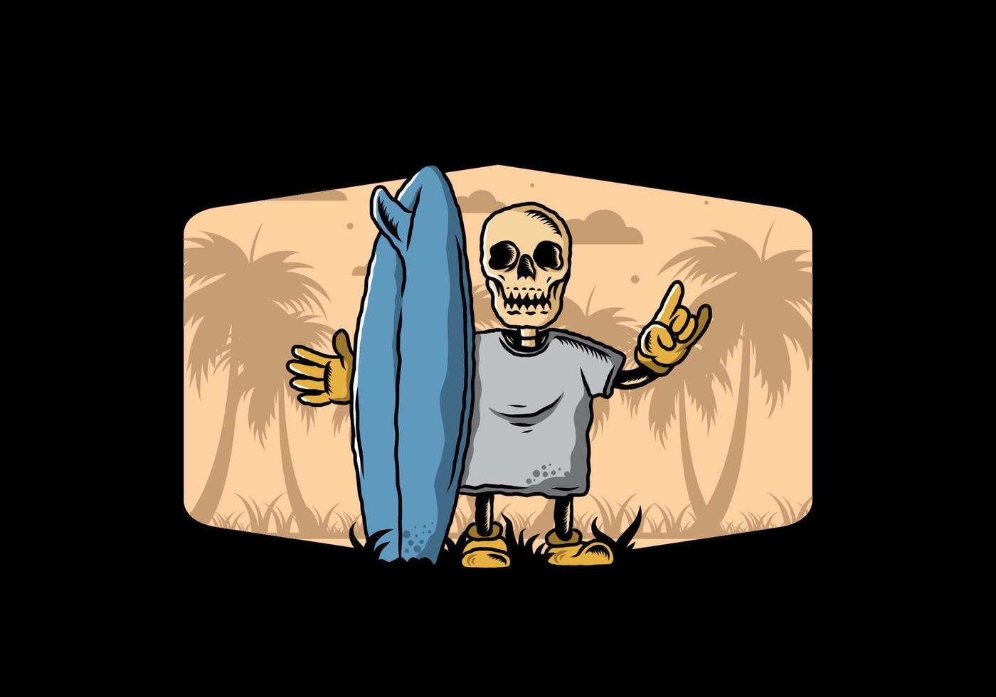 Little skull holding a surfing board illustration design vector