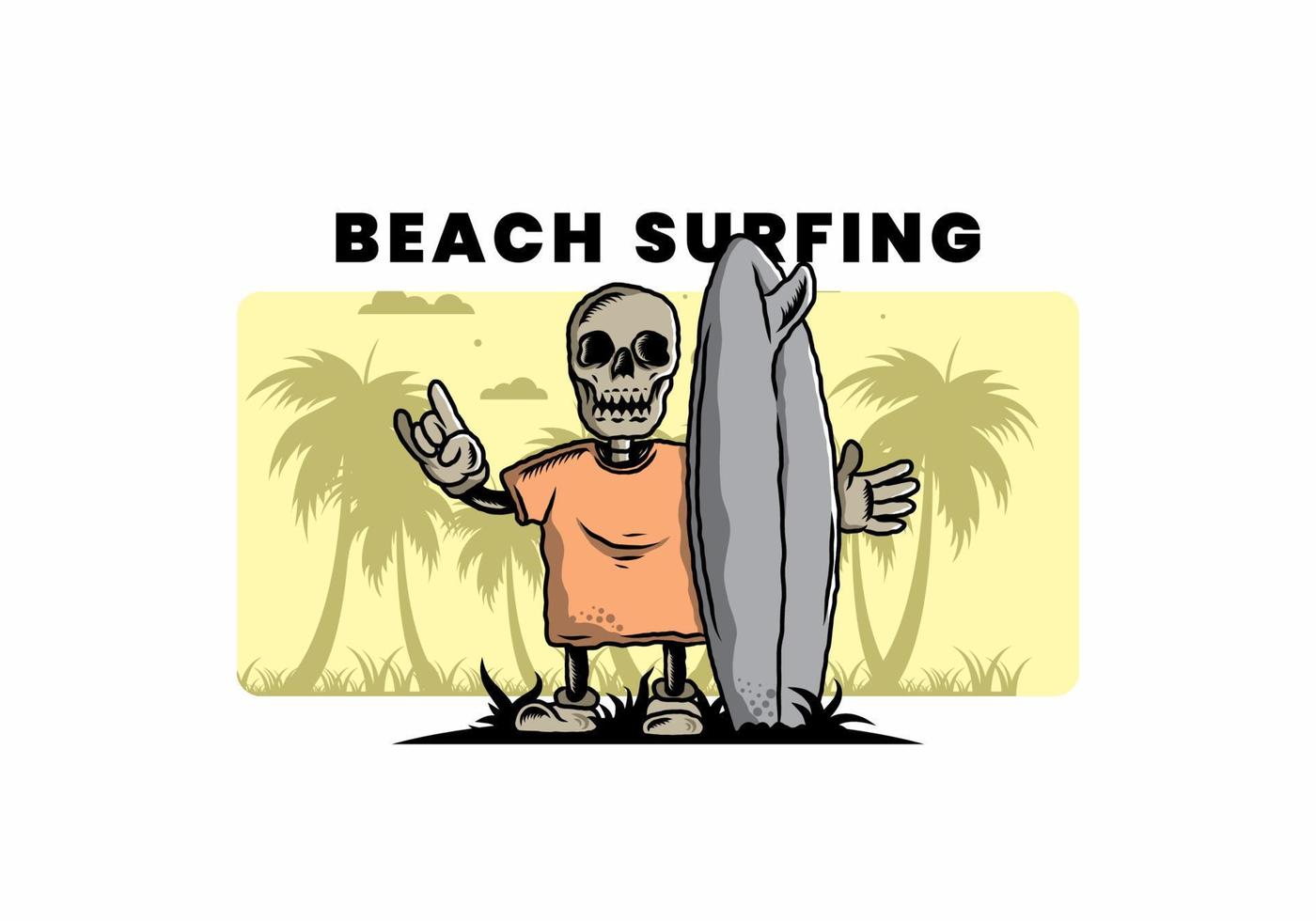 Little skull holding a surfing board illustration design vector