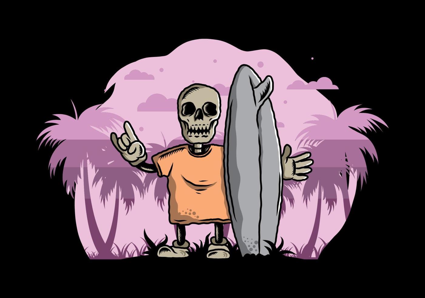 Little skull holding a surfing board illustration design vector