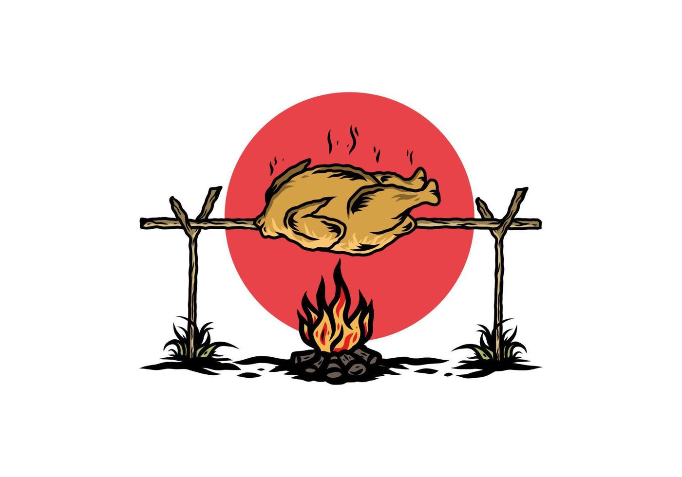 Grilling chicken over bonfire illustration design vector