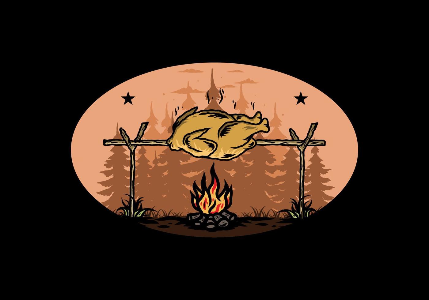 Grilling chicken over bonfire illustration design vector