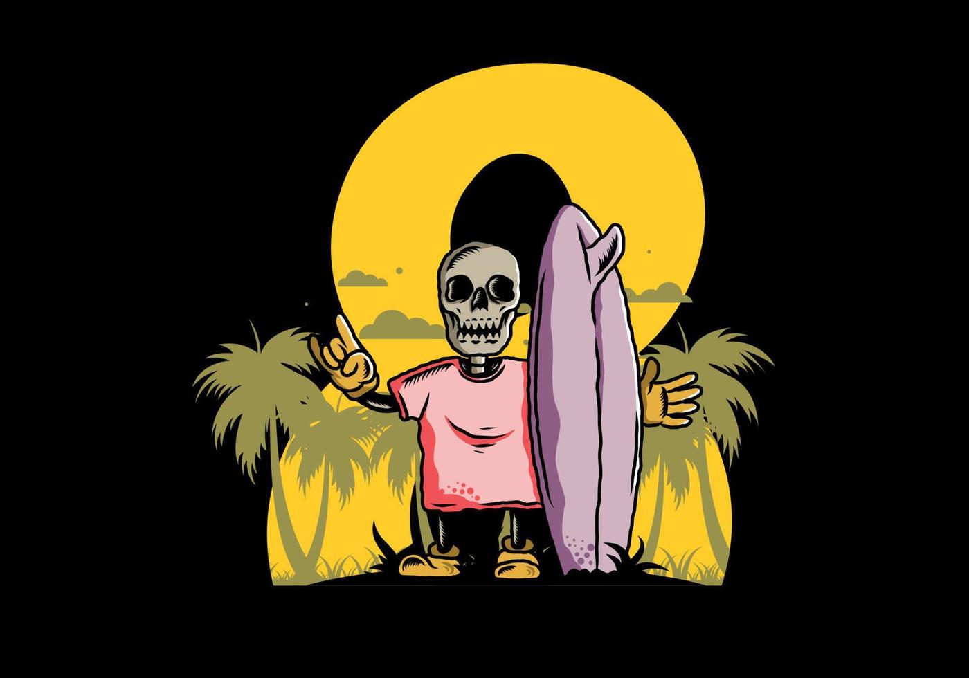 pequeña calavera sosteniendo un diseño de ilustración de tabla de surf vector