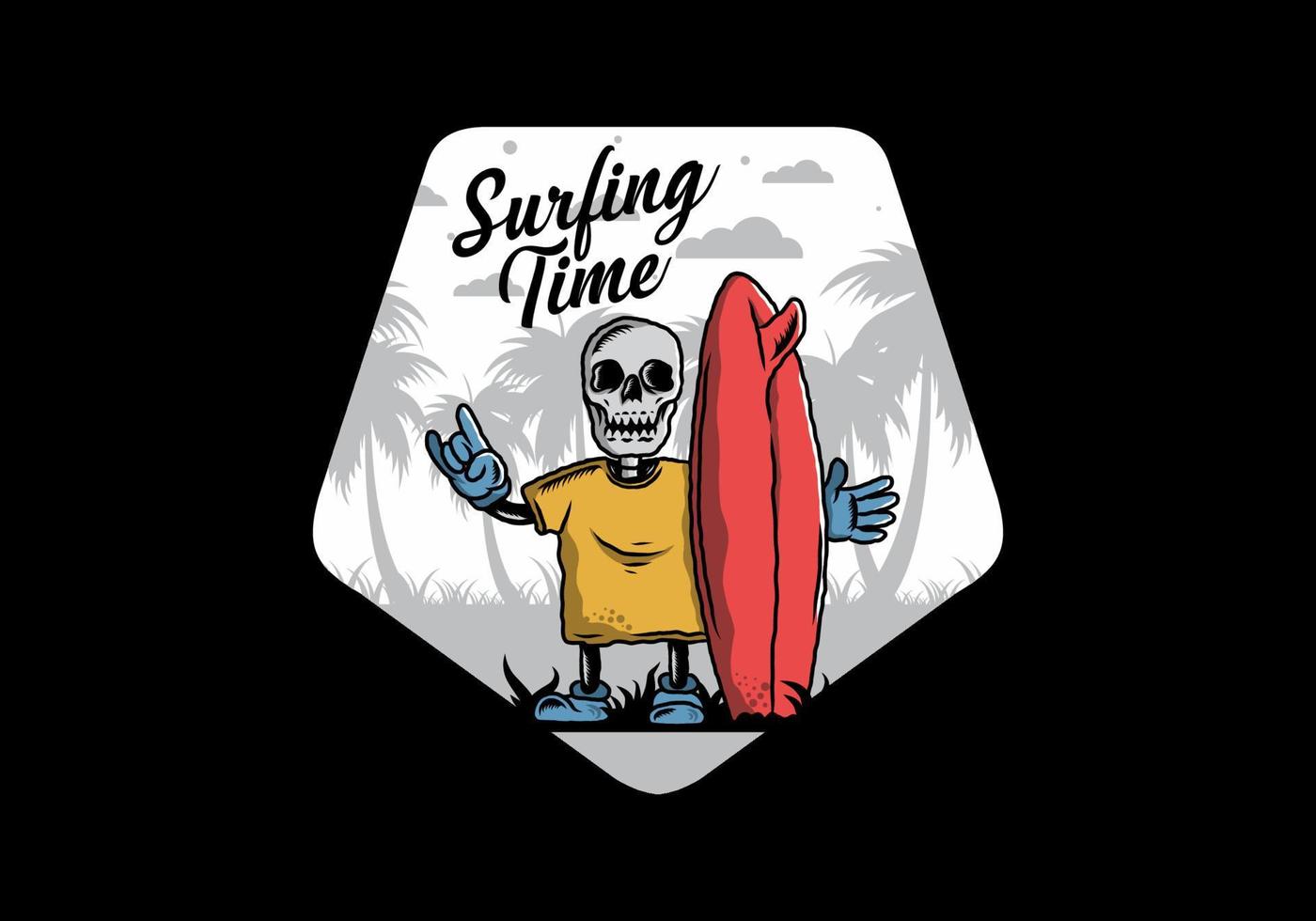 Little skull holding a surfing board illustration design vector