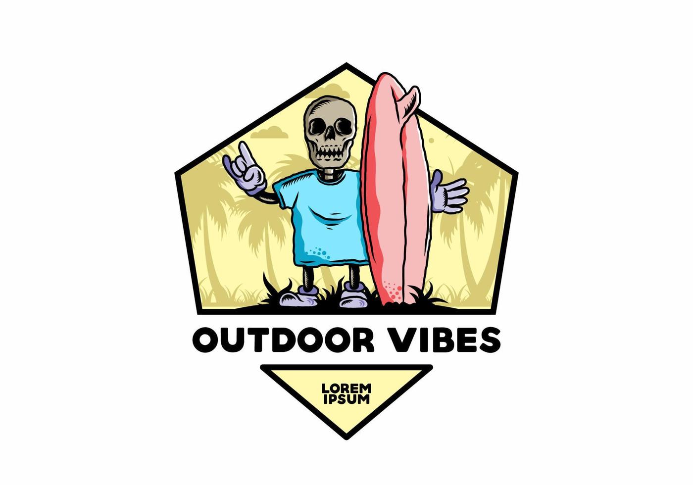 Little skull holding a surfing board illustration design vector