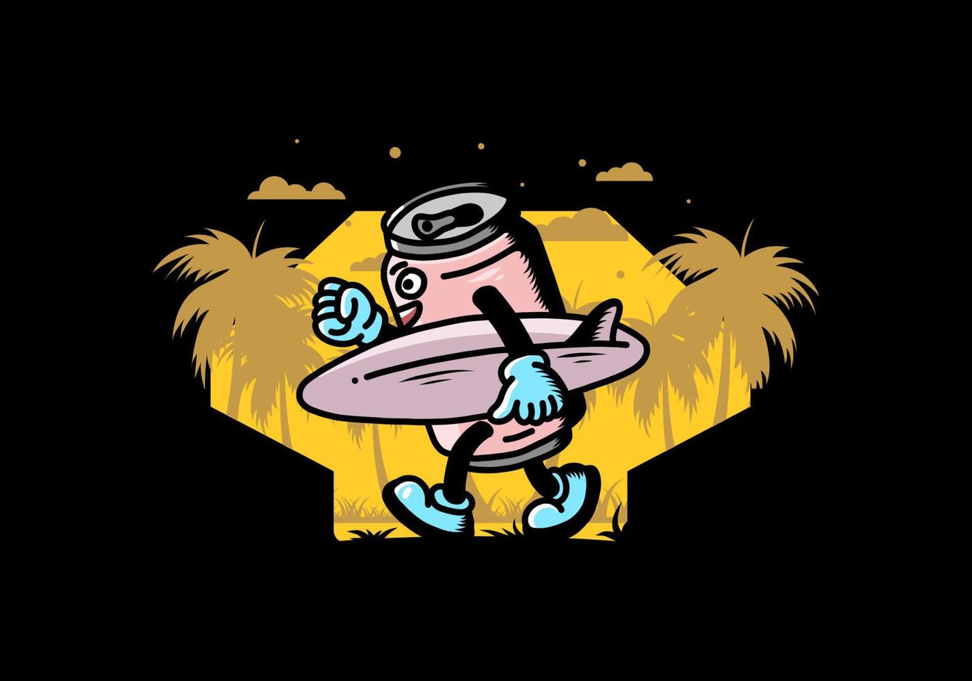 illustration of a drink can holding a surfboard vector