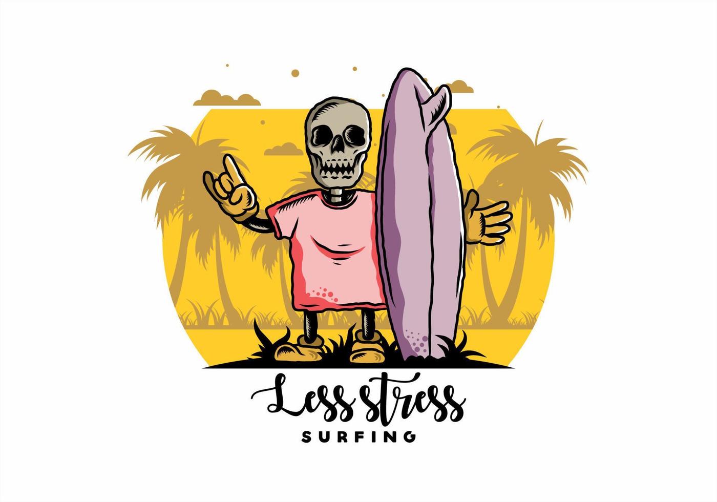 Little skull holding a surfing board illustration design vector