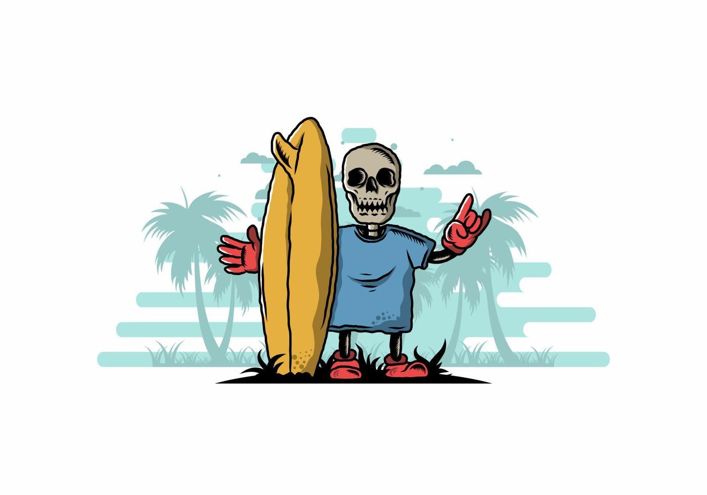 pequeña calavera sosteniendo un diseño de ilustración de tabla de surf vector