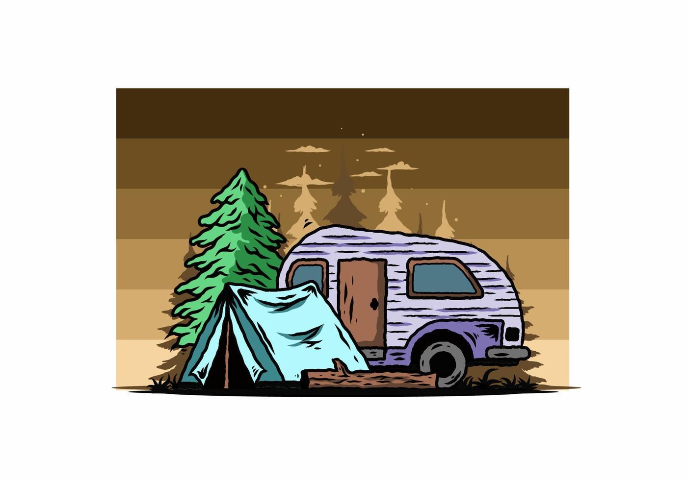 Teardrop camper and tent in front of pine tree illustration vector