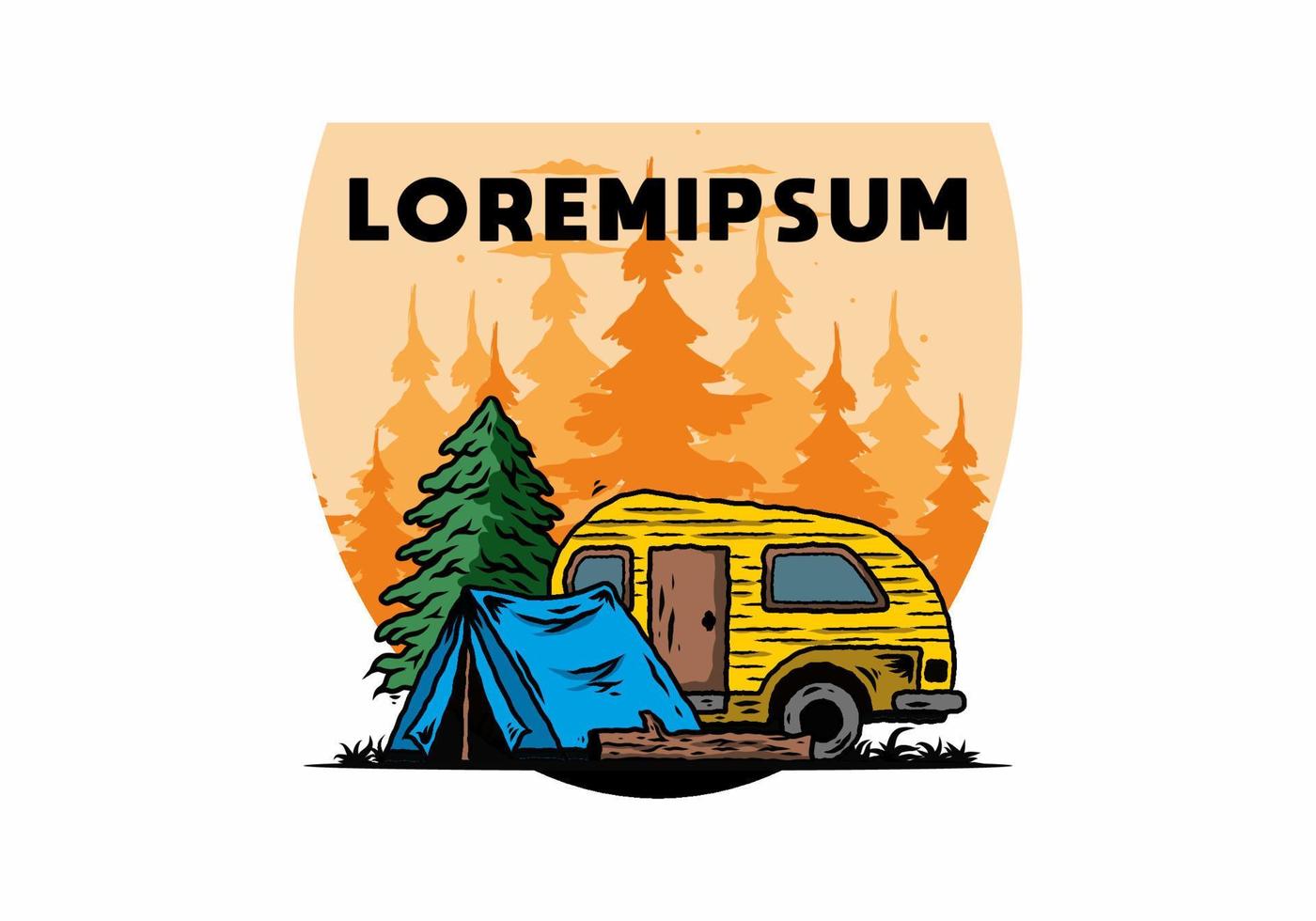 Teardrop camper and tent in front of pine tree illustration vector