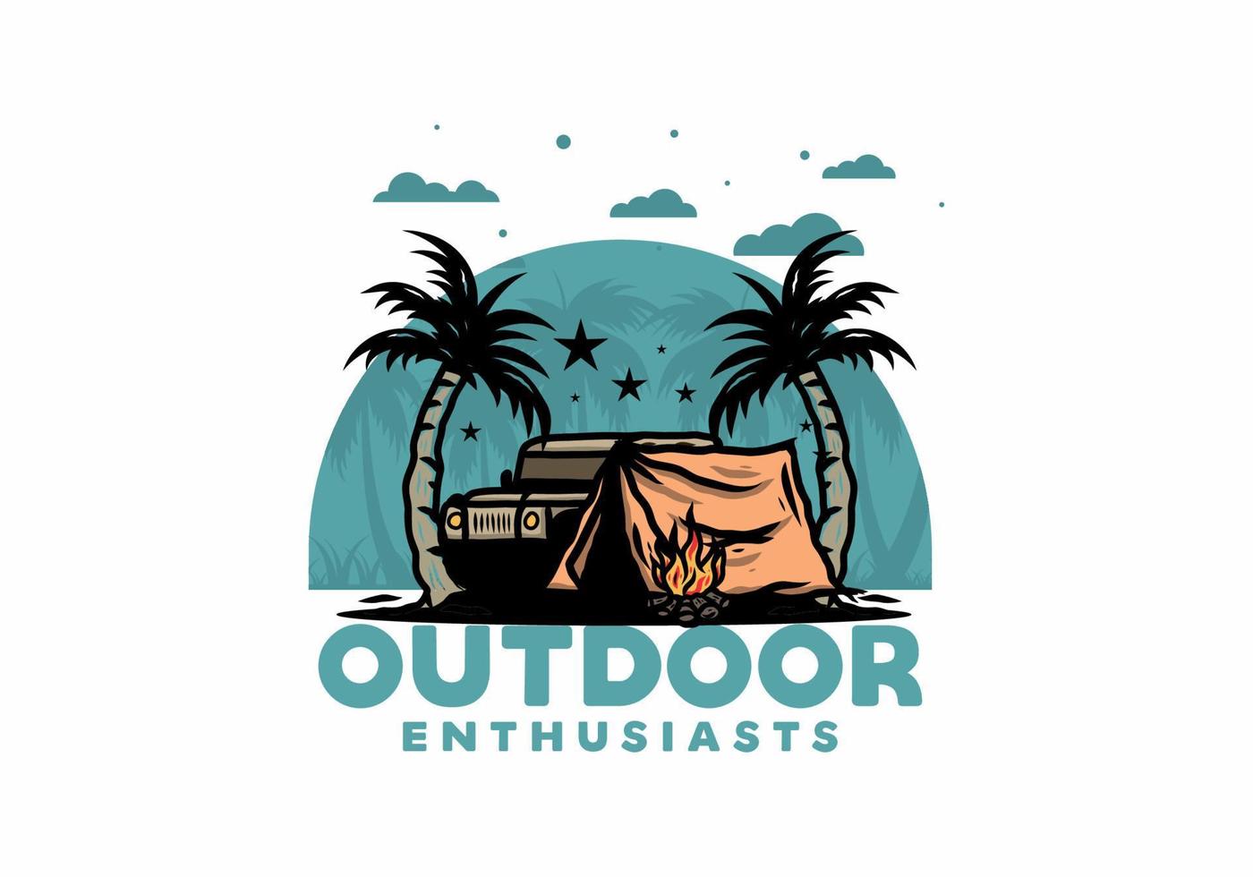 Camping tent in front of car between coconut tree illustration vector