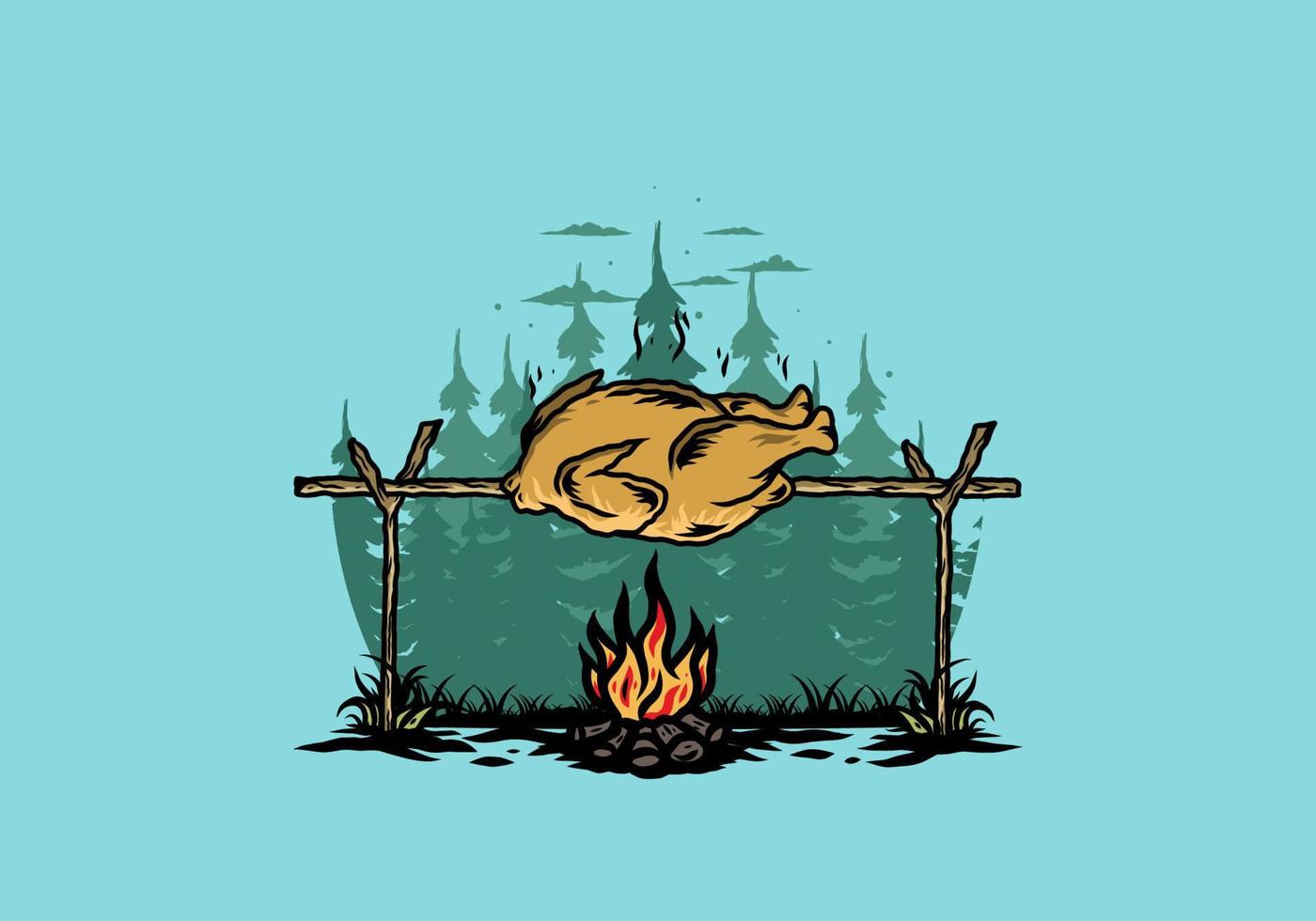 Grilling chicken over bonfire illustration design vector