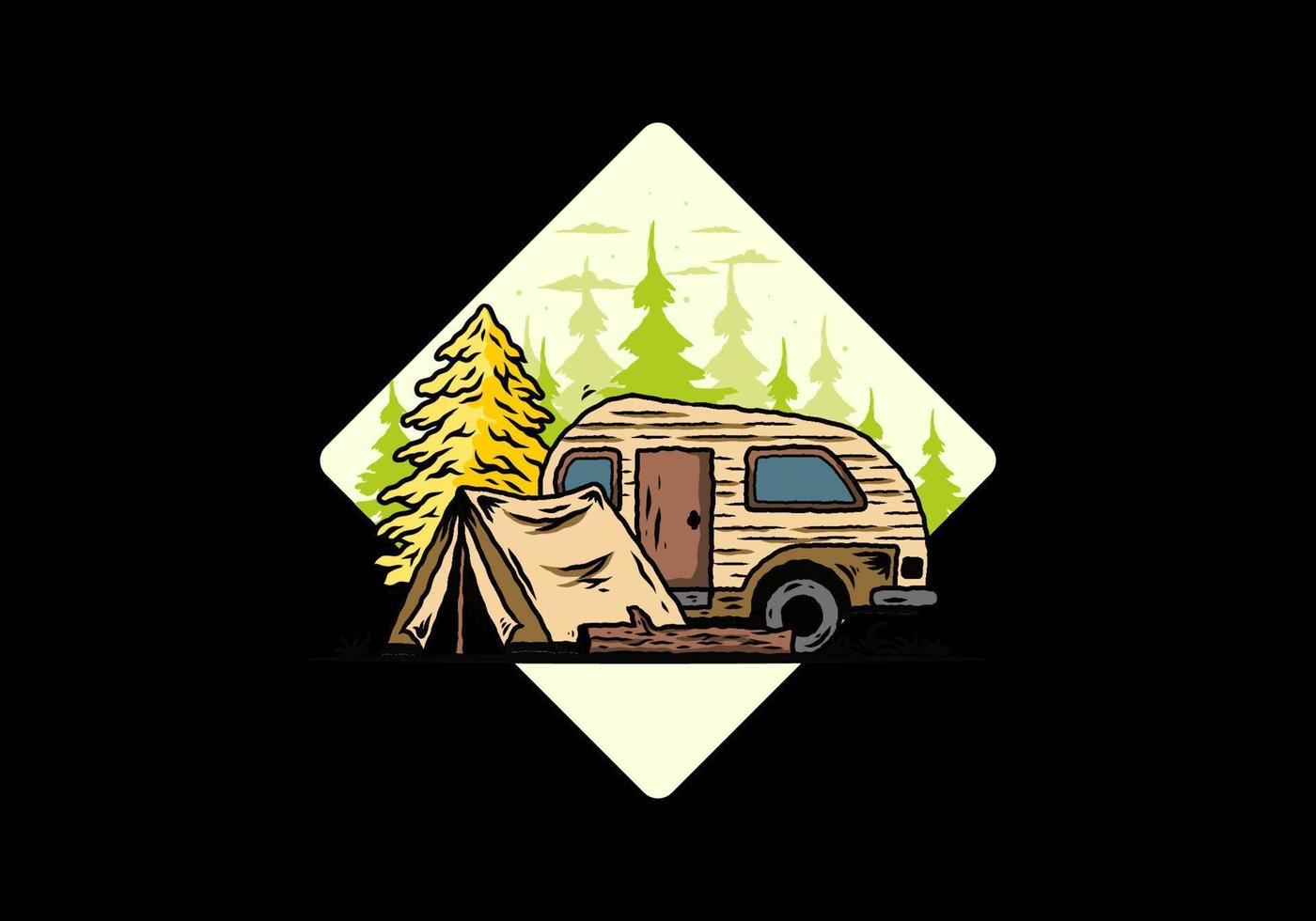 Teardrop camper and tent in front of pine tree illustration vector