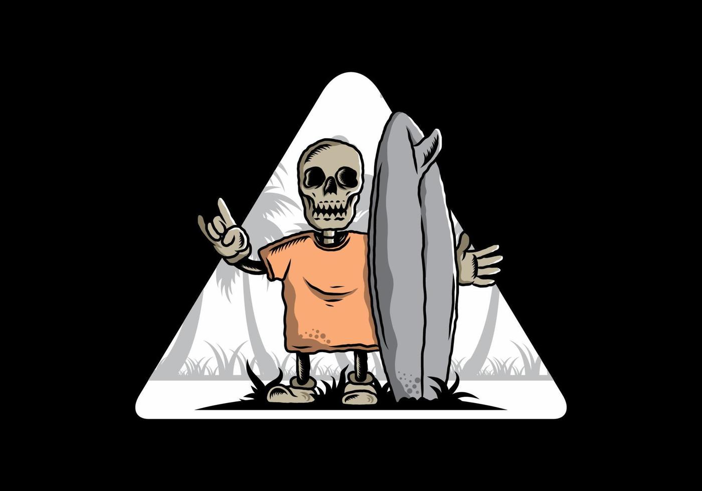 Little skull holding a surfing board illustration design vector