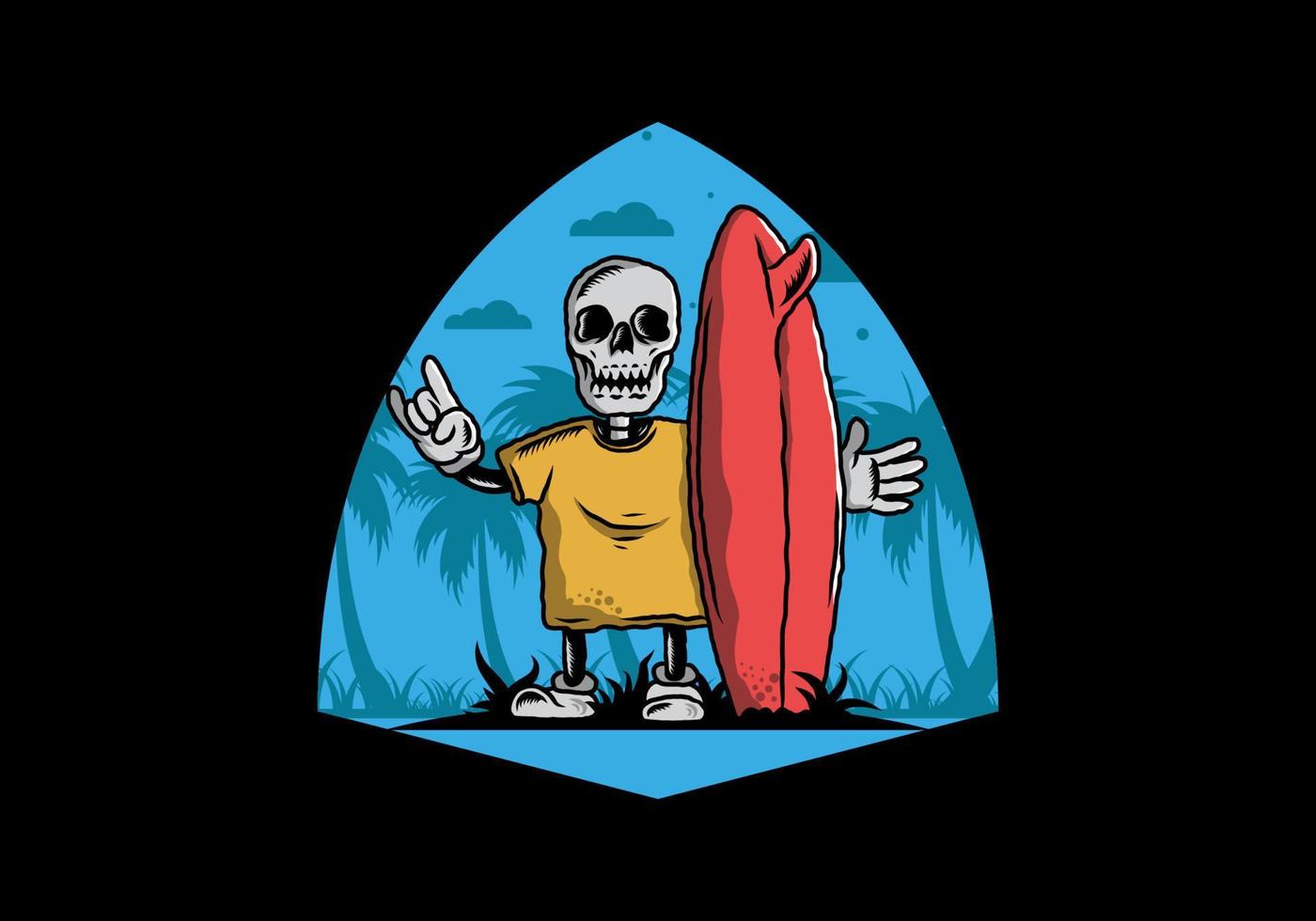 pequeña calavera sosteniendo un diseño de ilustración de tabla de surf vector