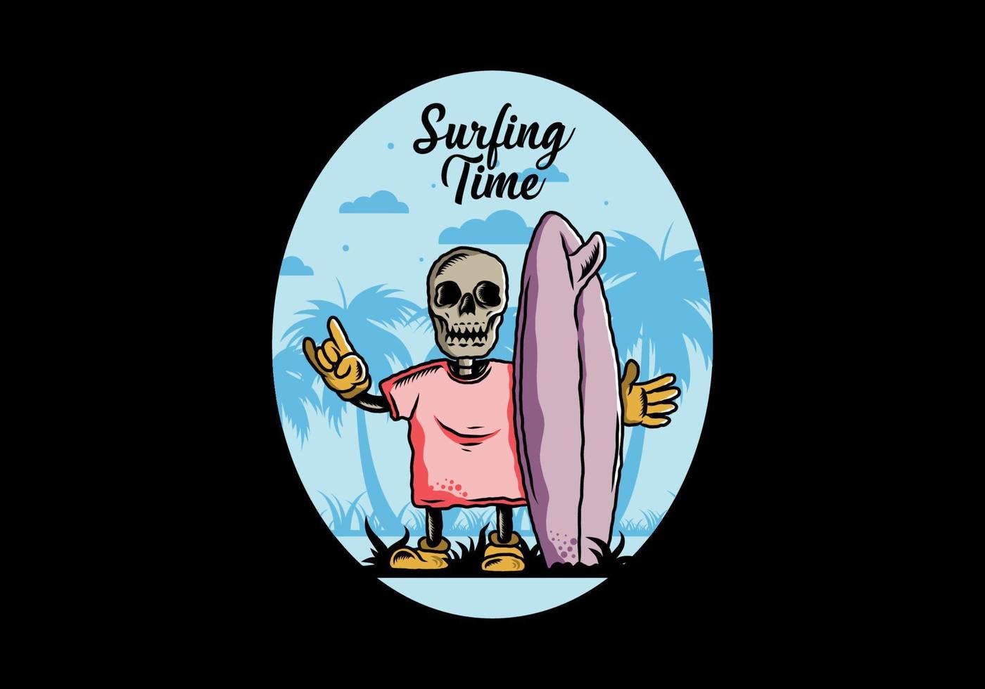Little skull holding a surfing board illustration design vector