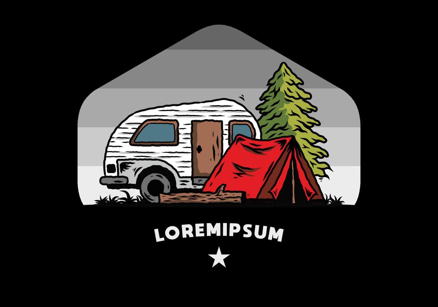 Teardrop camper and tent in front of pine tree illustration vector