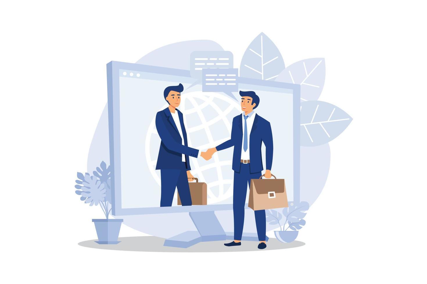 online conclusion of the transaction. the opening of a new startup. business handshake, via phone and laptop.  flat design modern illustration vector