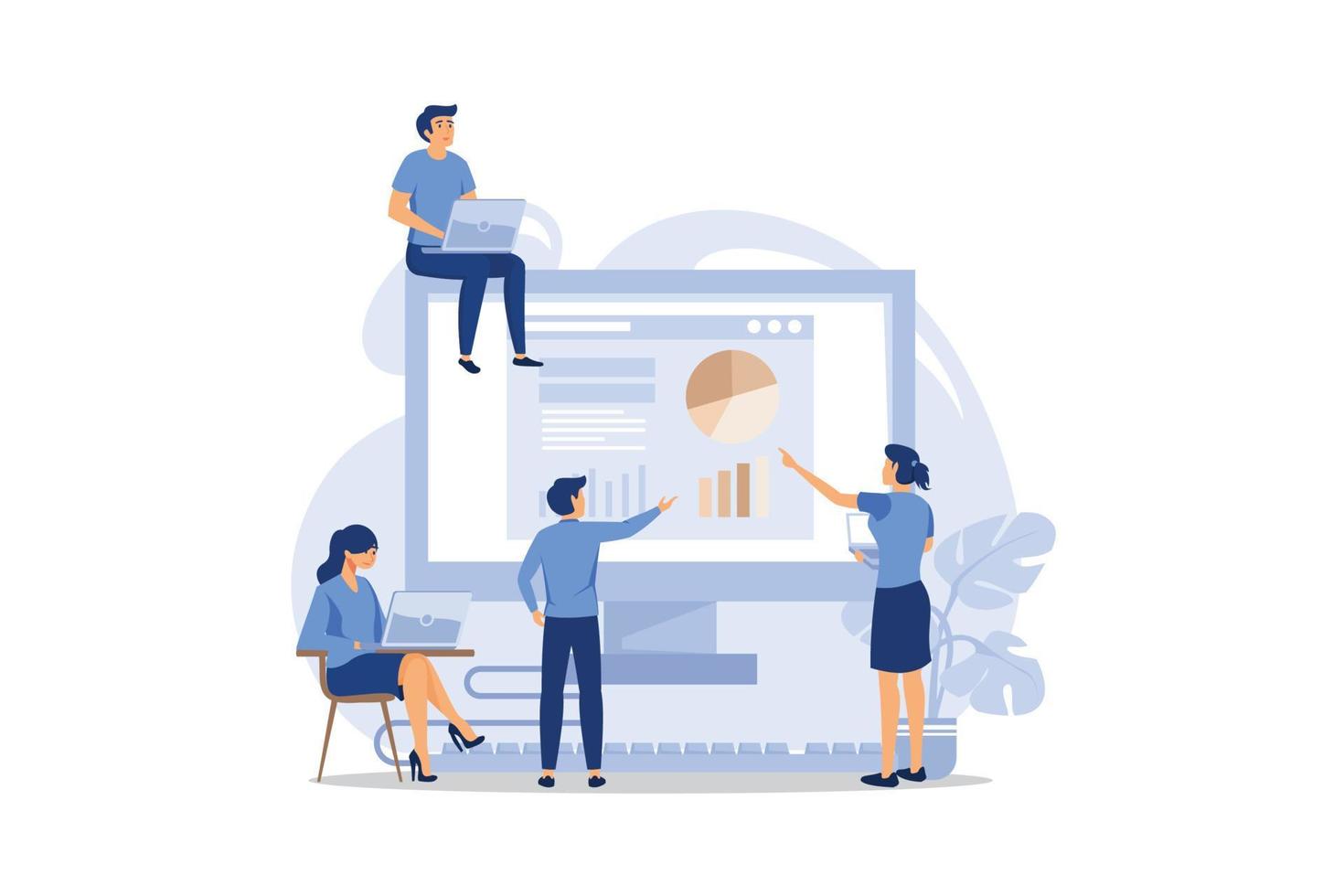 Online business conference, creative illustrations, businessmen, online joint meeting, team thinking and brainstorming, company information analytics. flat design modern illustration vector