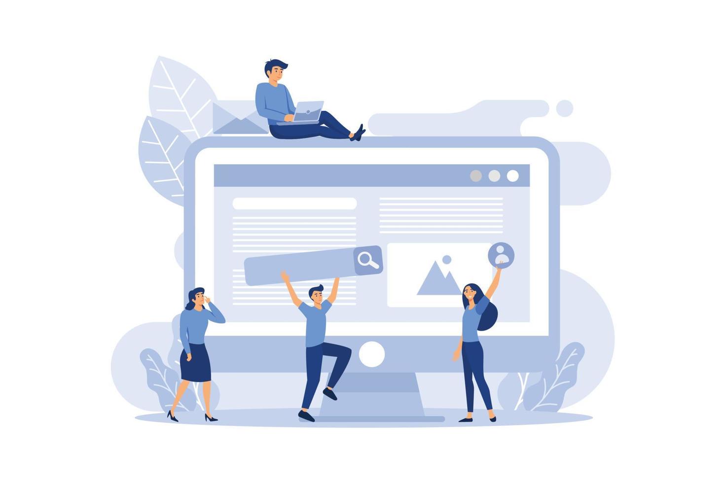 A team of people is developing a website by filling it with functions, concept vector illustration for the development of websites and mobile sites,