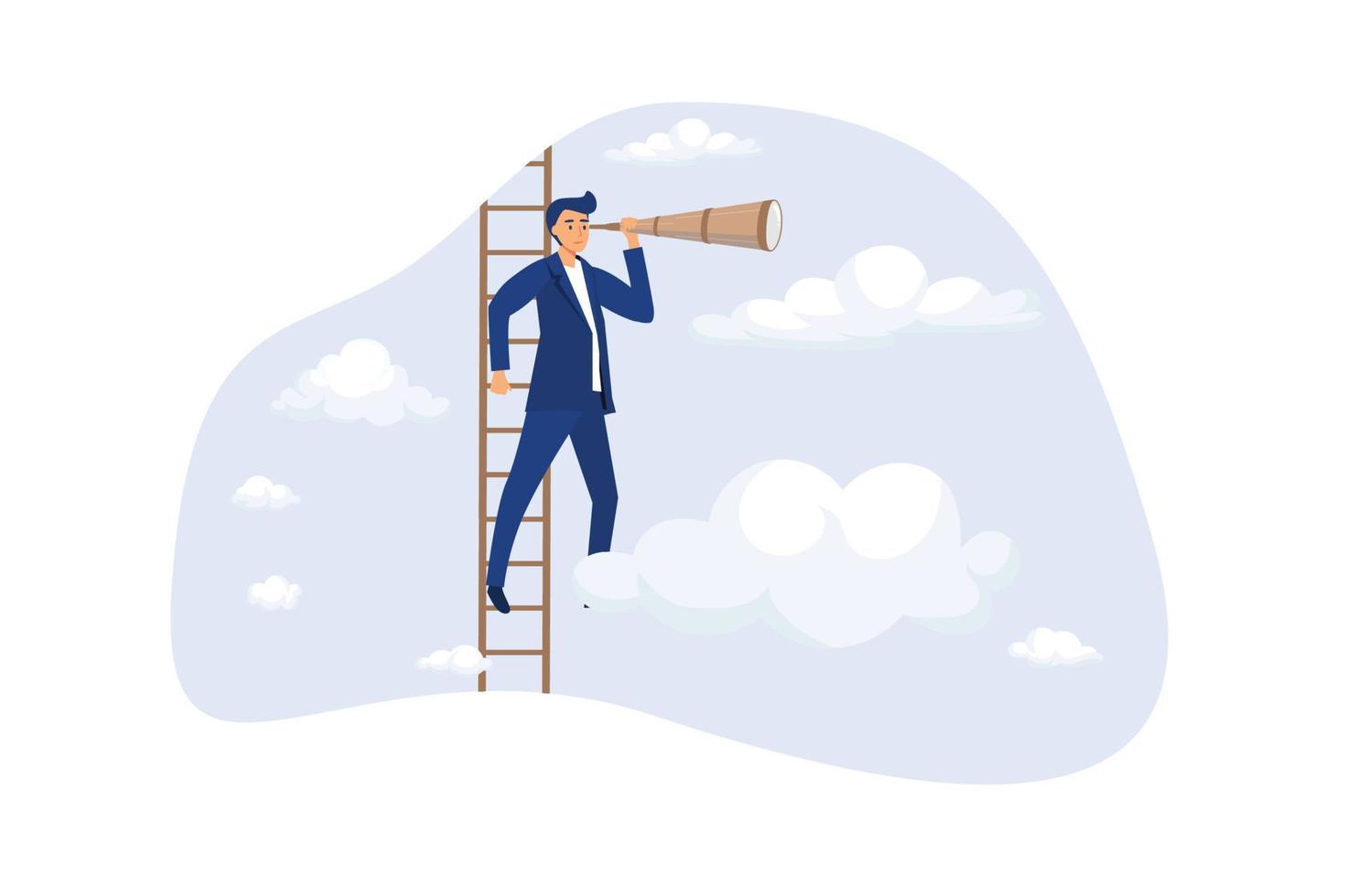 Success ladder for business opportunity, smart businessman climb up ladder look through telescope visionary.flat design modern illustration vector
