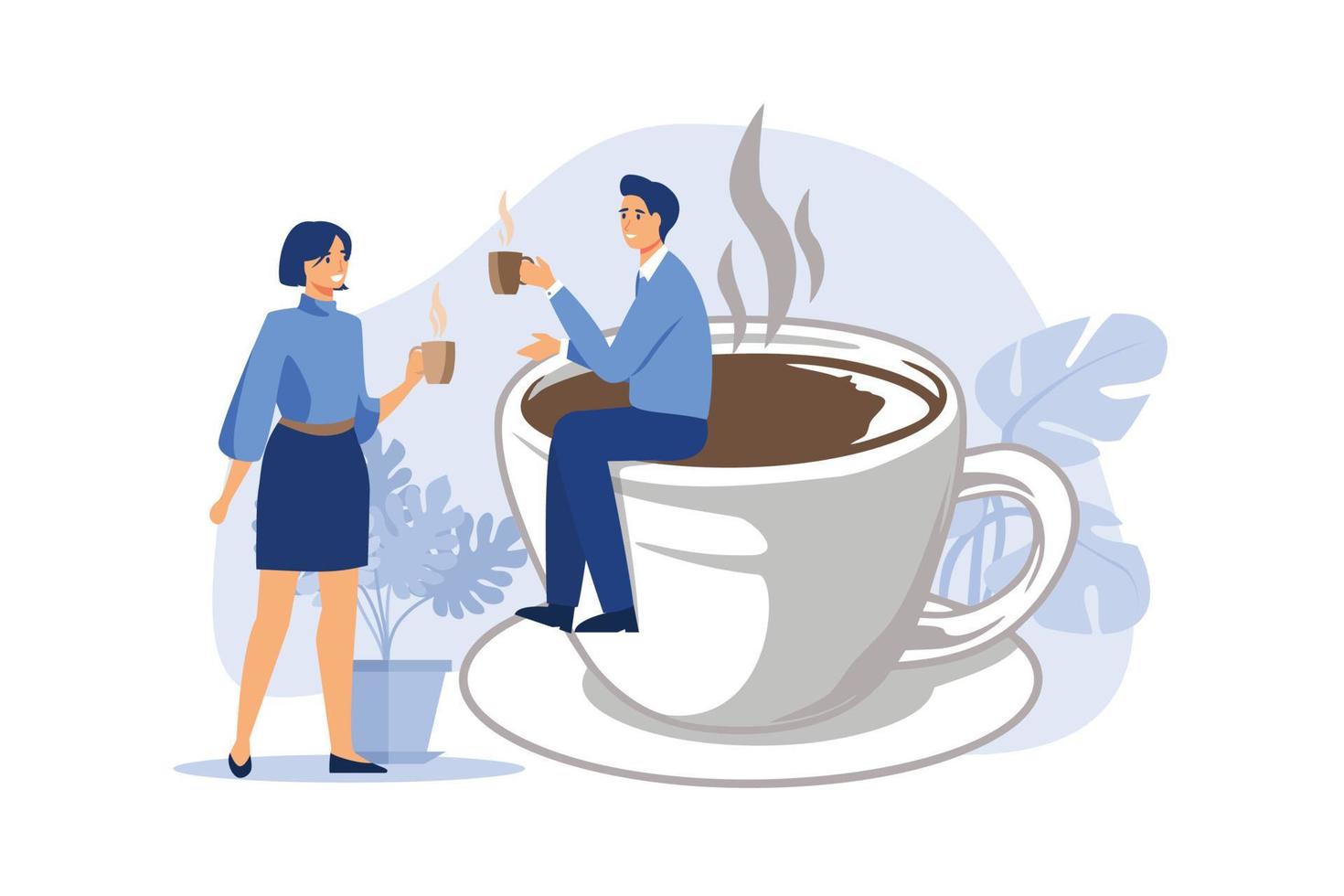 Coffee break, businessman and businesswoman colleague take a break having coffee and have a chat. flat design modern illustration vector