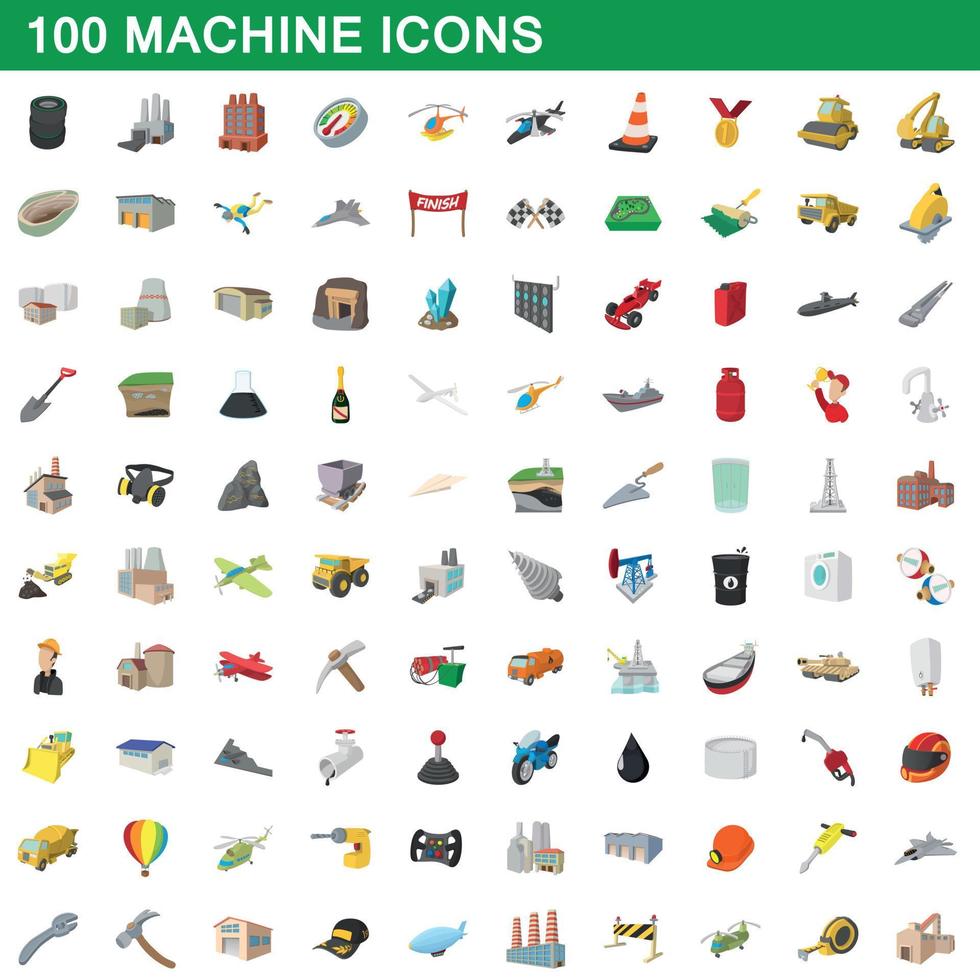 100 machine icons set, cartoon style vector