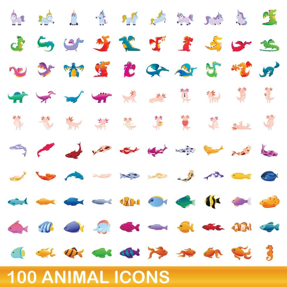 100 animales, conjunto de iconos de estilo de dibujos animados vector