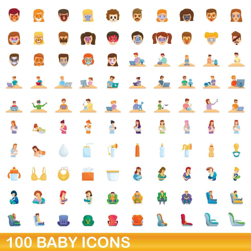 100 baby icons set, cartoon style vector