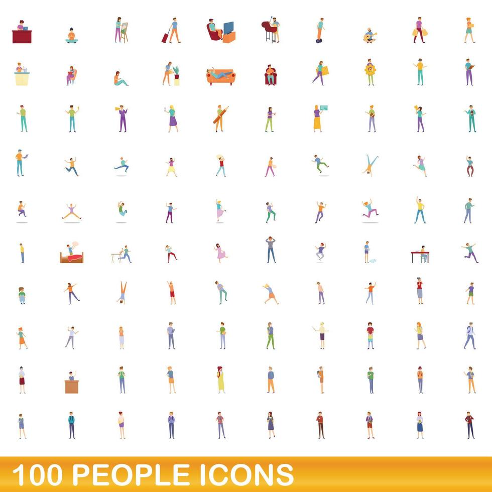 100 personas, conjunto de iconos de estilo de dibujos animados vector