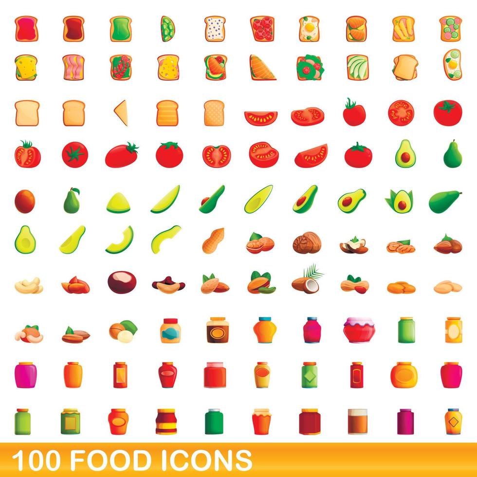 100 food icons set, cartoon style vector