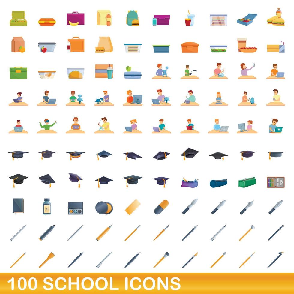 100 school icons set, cartoon style vector
