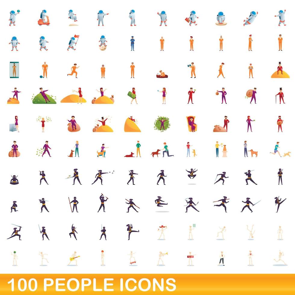 100 people icons set, cartoon style vector