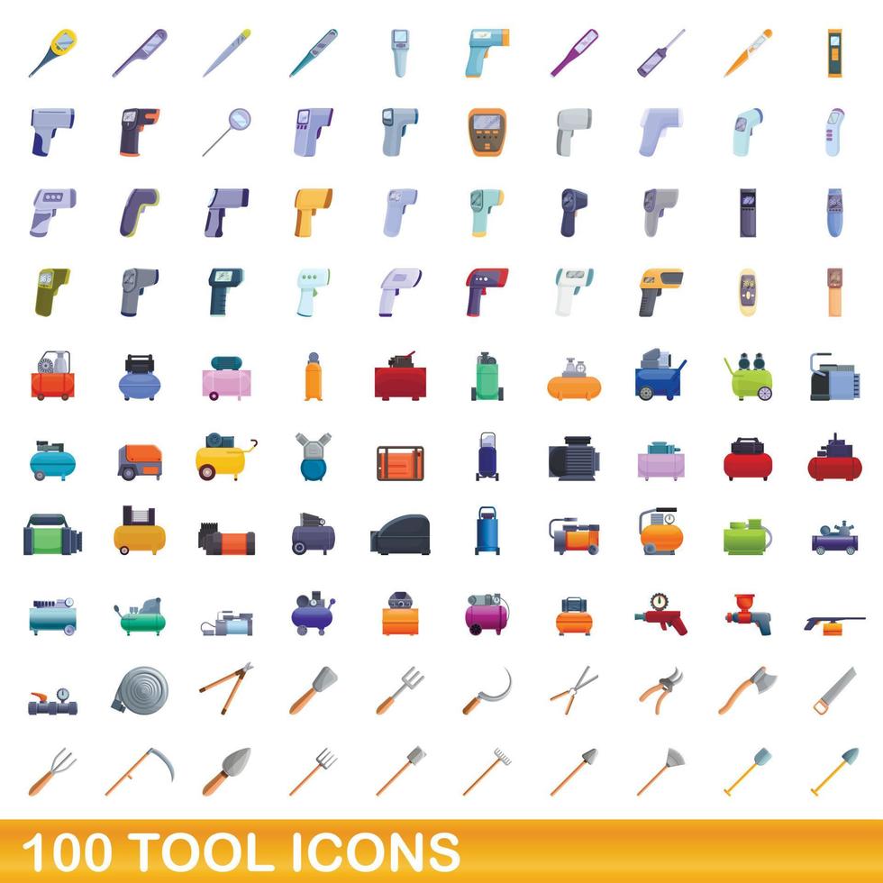 100 iconos de herramientas, estilo de dibujos animados vector