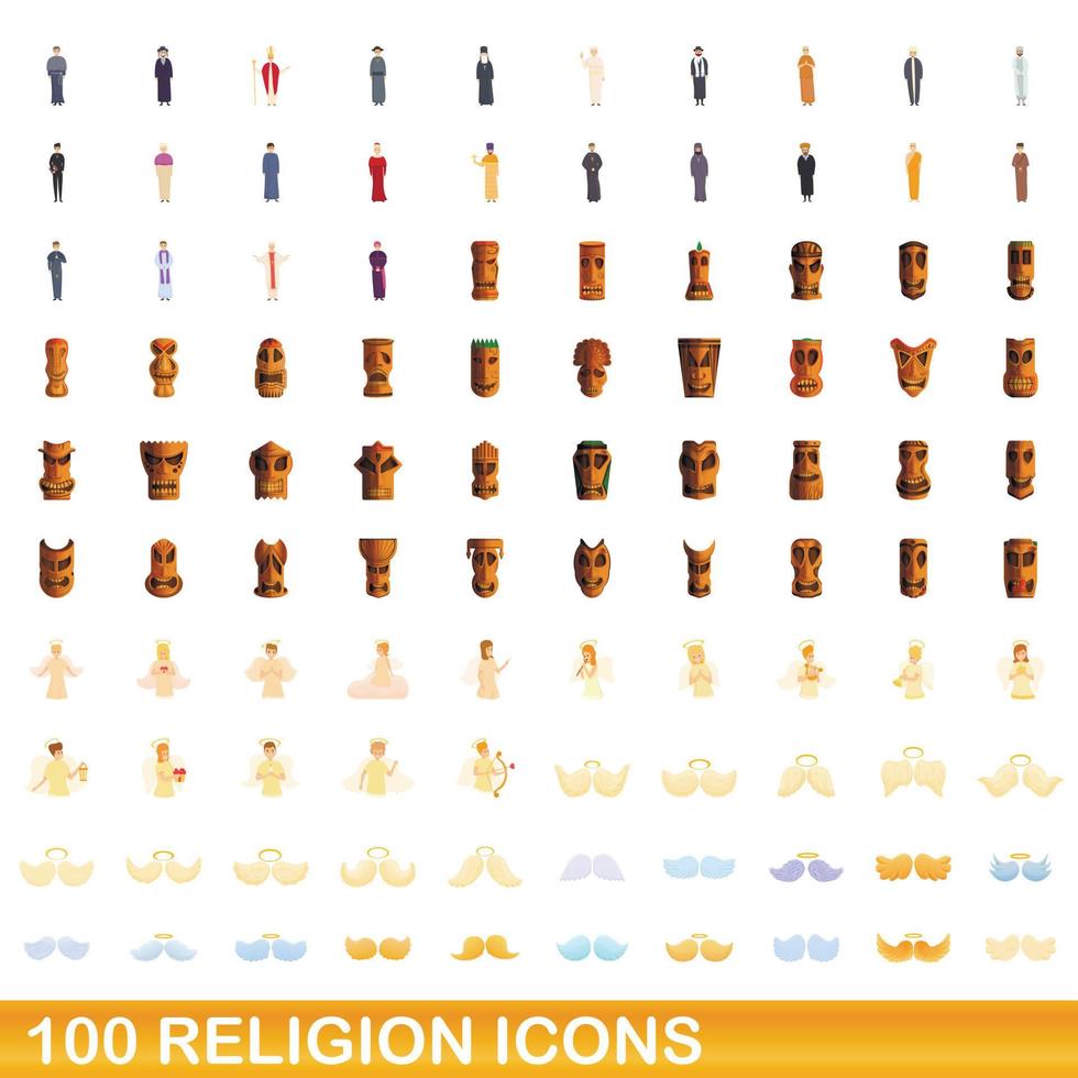 100 religion icons set, cartoon style vector
