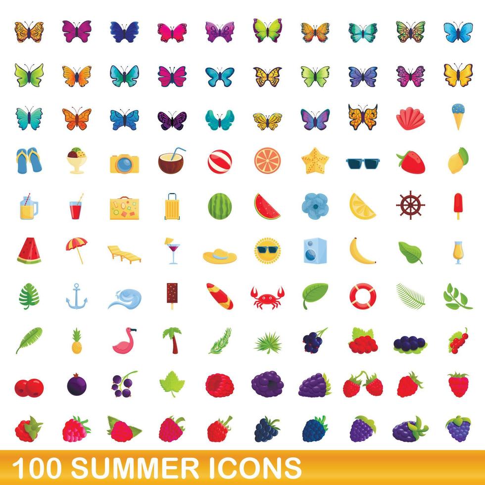 100 summer icons set, cartoon style vector