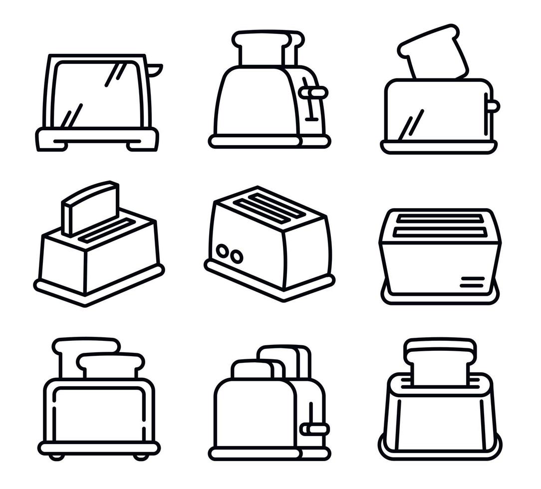 Toaster icons set, outline style vector