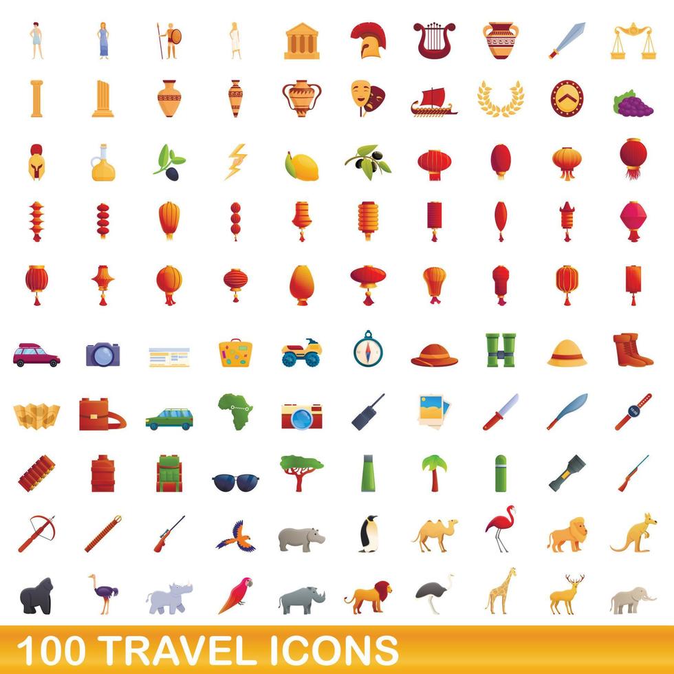 100 travel icons set, cartoon style vector