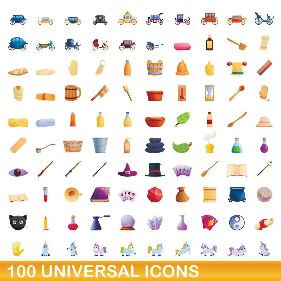 100 universal icons set, cartoon style vector
