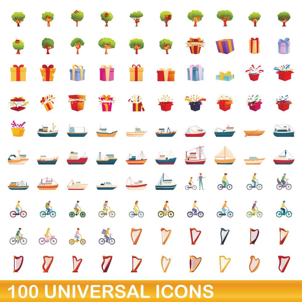 100 iconos universales, estilo de dibujos animados vector